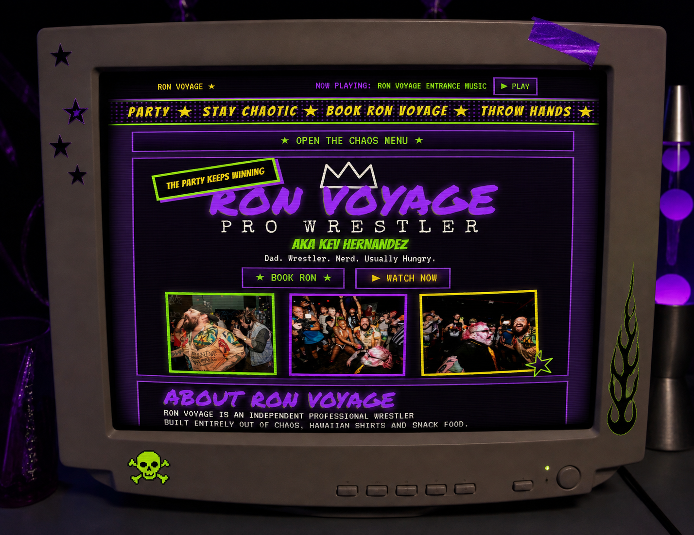 Ron Voyage website concept on a retro monitor with neon purple, lime and yellow Y2K internet graphics